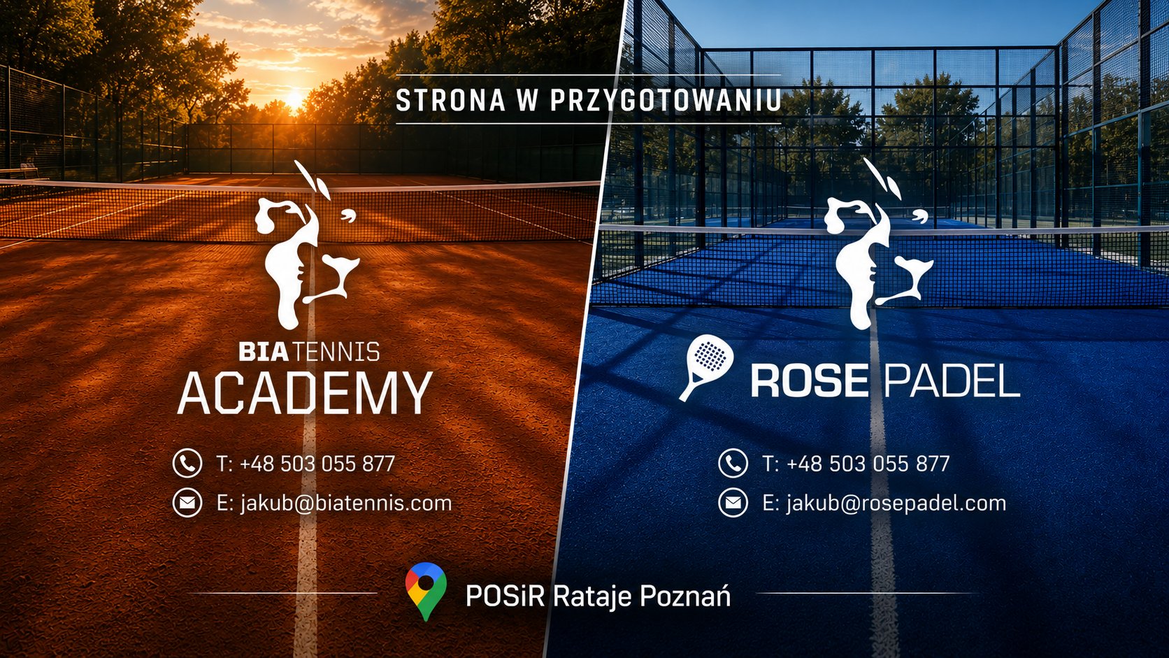 Bia Tennis Academy i Rose Padel - strona w przygotowaniu. Kort tenisowy o zachodzie słońca i niebieski kort do padla. Kontakt: tel. +48 503 055 877, e-mail jakub@biatennis.com oraz jakub@rosepadel.com. Lokalizacja: POSiR Rataje Poznań.